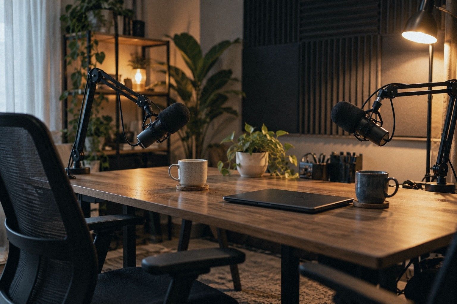 Dua mikrofon podcast dan fon kepala di atas meja dalam bilik rakaman yang kecil