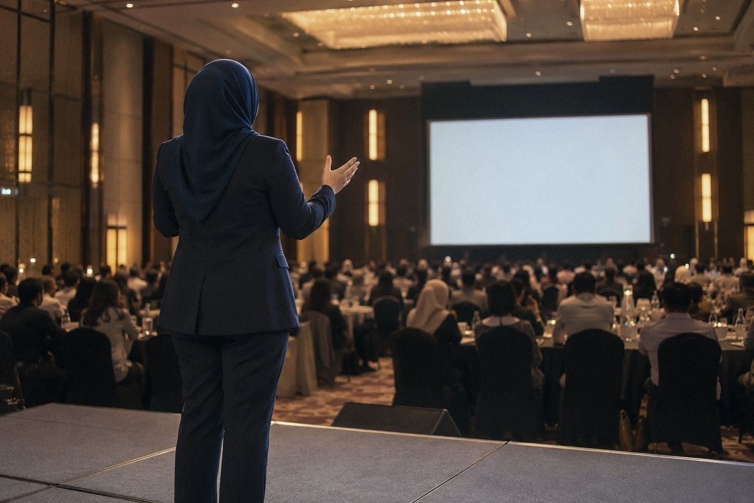 Pentas dewan hotel yang kosong dengan satu lampu sorot pada lantai kayu, kerusi penonton masih gelap